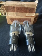 PAIR of unused 1940s U. S. Navy RCA CRC 2A3 Mil Spec Black Plate Tube. Orig Pkg.
