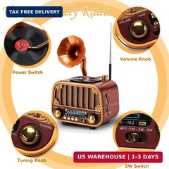 Retro Portable AM/FM/SW Radio with Bluetooth – Turntable-Styled Wooden Design, U