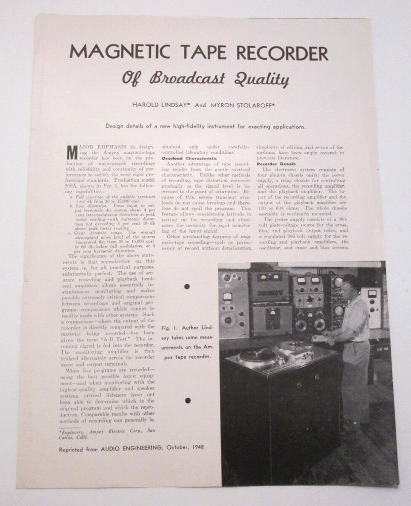 Audio Engineering Article Magnetic Tape Recorder Harold Lindsay of Ampex 1948