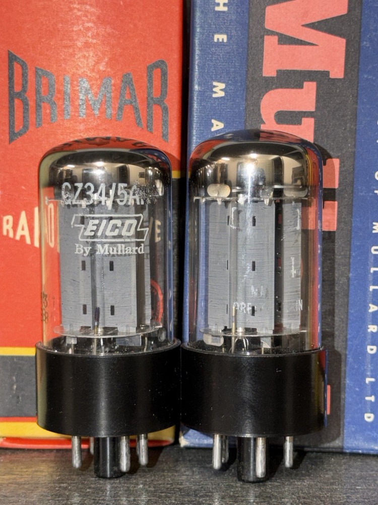 (2) 1958 Mullard f31 Fat Base GZ34 5AR4 Tubes Matched Every Way (codes + test)