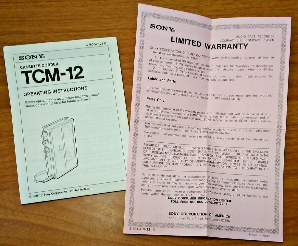 Sony TCM-12 Cassette-Corder Recorder Operating Instructions + Warranty Card