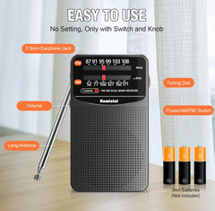 AM/FM Portable Radio, Pocket Radio 3 AA Battery Powered, Long Lasting, with Exce