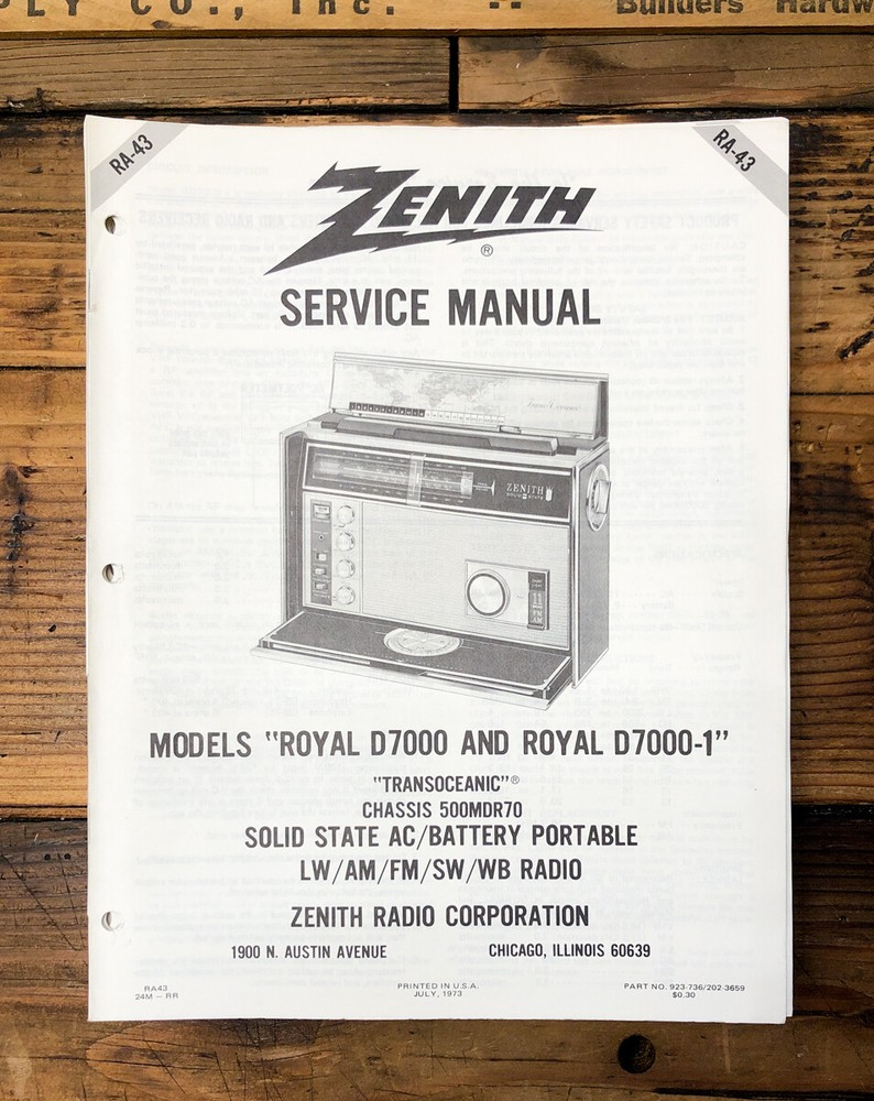 Zenith Royal D7000 D7000-1 Transoceanic Radio Service Manual *Original*