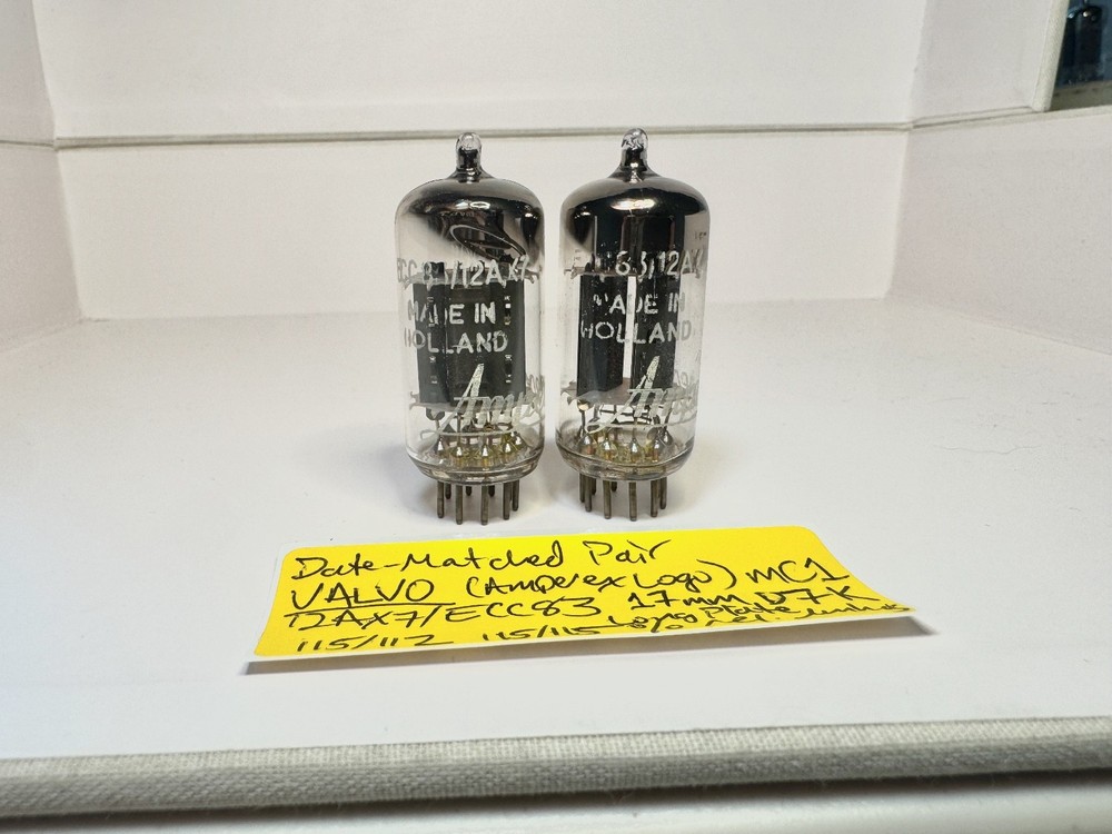 Pair Valvo (Amperex Label) 12AX7/ECC83 Long Plates 45° Getter 1957 mC1 Test@NOS+