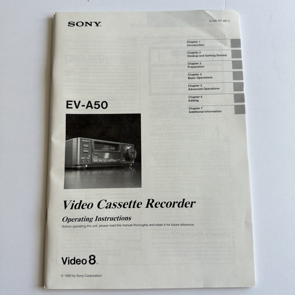 Sony EV-A50 Video 8 Manual Operating Instructions Video Cassette Recorder 1992