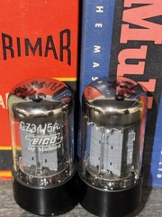 (2) 1958 Mullard f31 Fat Base GZ34 5AR4 Tubes Matched Every Way (codes + test)
