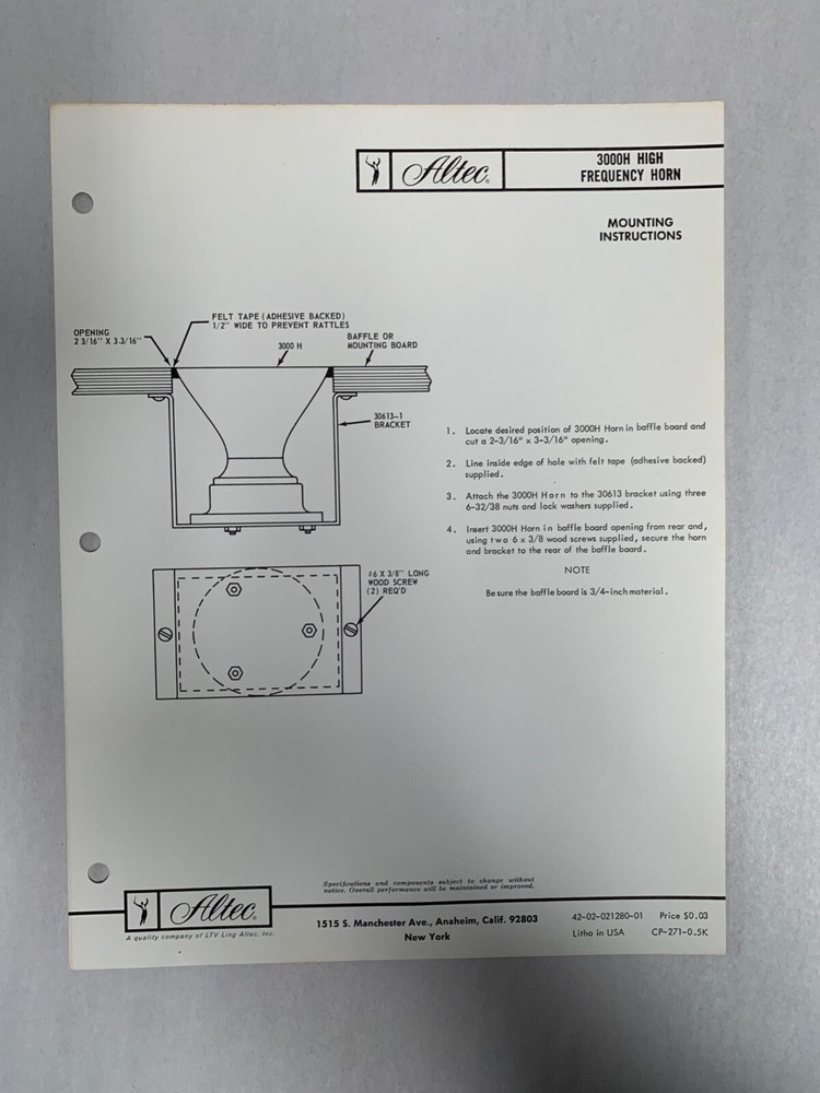 Original Vtg Altec 3000H High Frequency Horn Mounting Instruction Sheet (A3)