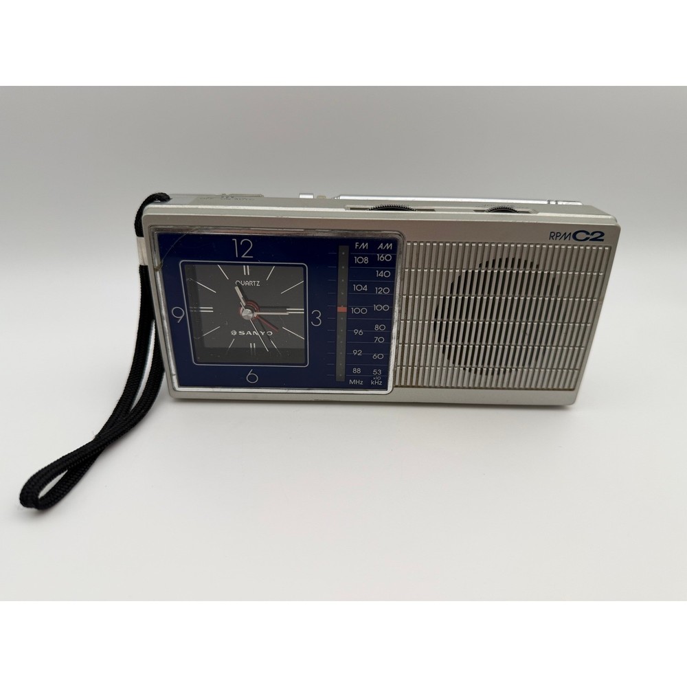Sanyo RPM-C2 Vintage Portable AM FM Radio Quartz Alarm Clock Silver Blue Face