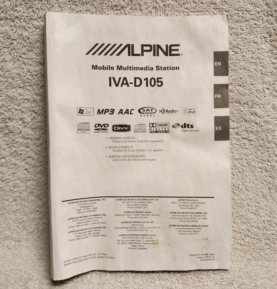 Alpine Mobile Multimedia Station IVA-D105 Owner Manual User Guide Instructions