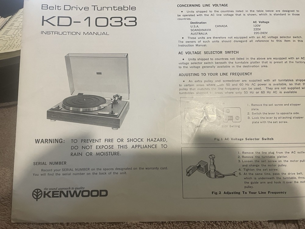 ORIGINAL INSTRUCTION MANUAL / KENWOOD KD-1033 TURNTABLE/ WITH KD-1033 BROCHURE /