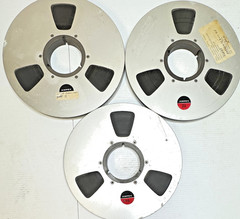 Ampex 766 10.5″ Aluminum Reel to Reel Tape Reels Lot of 3 w/ Tape Vintage