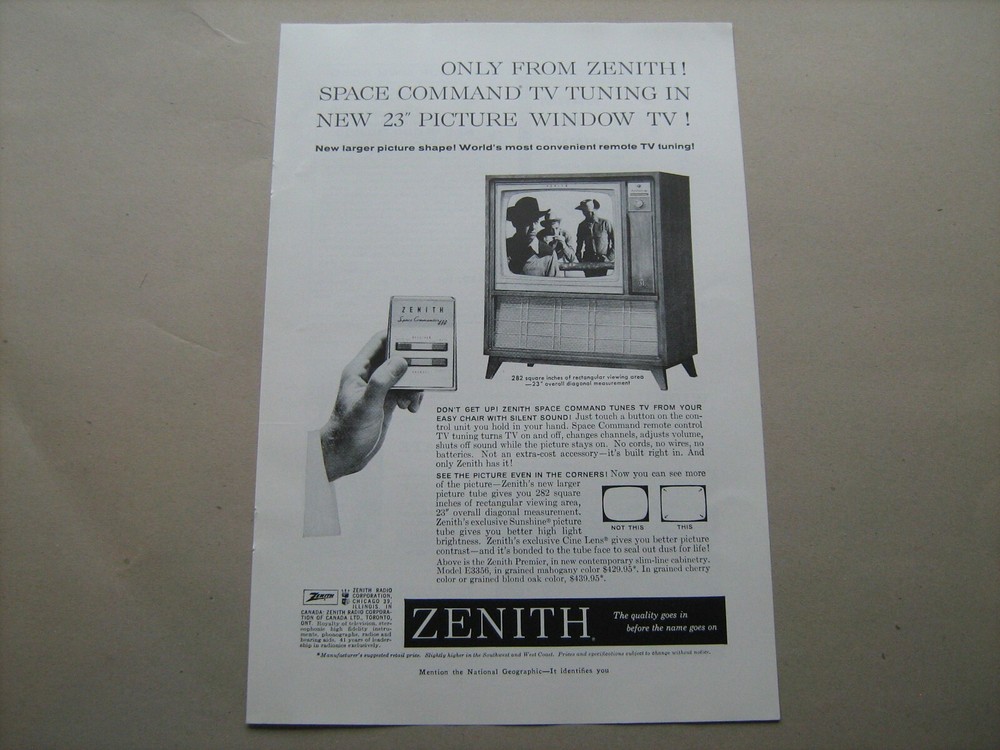 1960 Zenith “Space Command” console TV television–vintage ad from estate