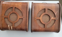 Vintage 1950s Schoolroom Quam Speaker Wood Cabinet Lattice Grille Lot Set Of 2