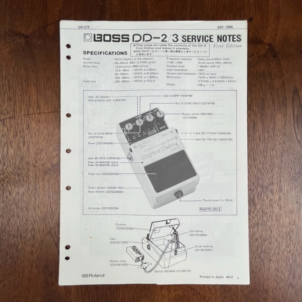 VINTAGE BOSS DD-2/3 SERVCE NOTES FIRST EDITION 1986
