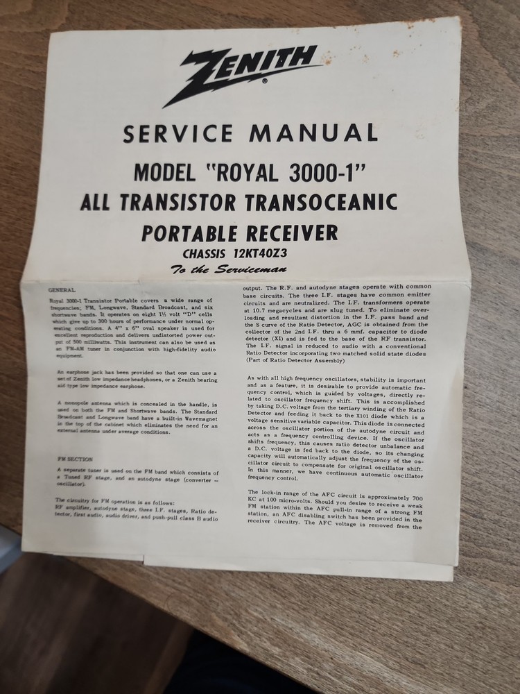 Zenith Service Manual Model Royal 3000-1. Transistor Transoceanic Portable